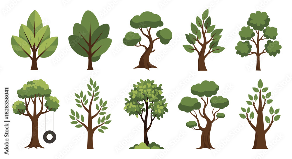 Fototapeta premium Delightful cartoon trees collection for children's books and nature-themed designs, evokes a playful, whimsical forest atmosphere with vibrant green foliage