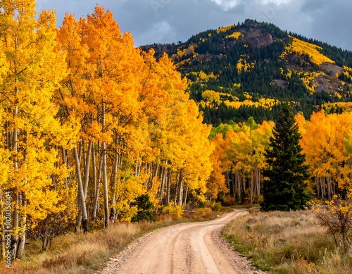 Scenic autumn dirt road winding through vibrantly colored trees and mountains
