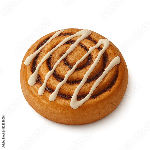 Golden Cinnamon Roll With Vanilla Icing Swirl, Flaky Pastry Dessert for Breakfast or Snack