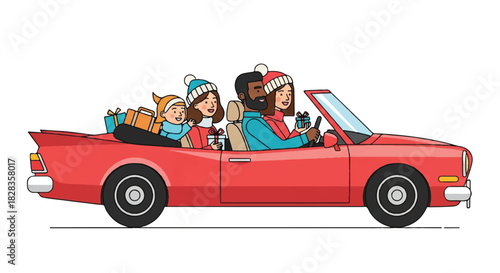 Happy diverse family in a red convertible car with Christmas presents, enjoying a winter holiday road trip