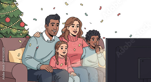 Family enjoying Christmas festivities watching TV together with festive decorations and confetti