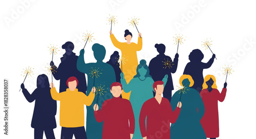 Diverse group of people celebrating with sparklers, creating a joyful and festive atmosphere