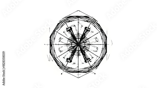 Abstract circular symmetrical design with intricate dark lines on a white background.