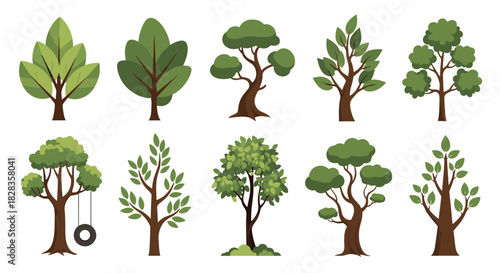 Delightful cartoon trees collection for children's books and nature-themed designs, evokes a playful, whimsical forest atmosphere with vibrant green foliage