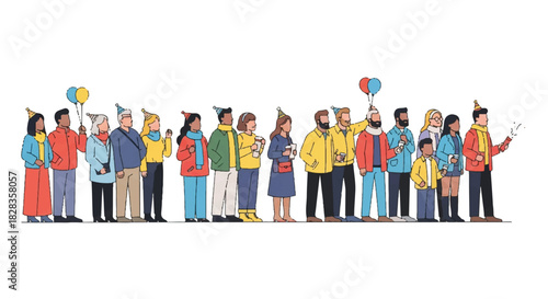 A diverse group of cheerful people of all ages in party hats waiting in a long line for a celebration