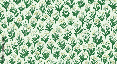 Elegant botanical pattern with dainty white flowers and lush green foliage for a fresh, vibrant, spring aesthetic perfect for textiles or wallpaper