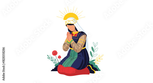 Woman in traditional clothes kneeling in prayer with flowers, radiating devotion and tranquility, perfect for faith-based projects and cultural events