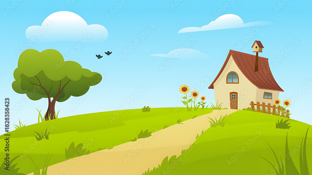 Fototapeta premium Cartoon house on a green hill with a tree and sunflowers under a blue sky Keywords: house, cartoon, cottage, home