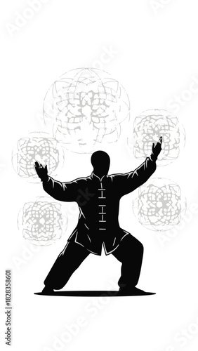 Martial arts practitioner performing a graceful movement with energetic spheres