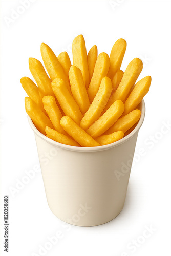 Golden French Fries in White Cup  Crispy Snack, Fast Food Side Dish for Menus