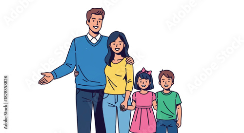 Happy Family Portrait Illustration Parents with Son and Daughter