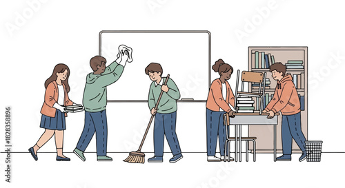 Dedicated students working together to meticulously clean and tidy a shared educational space