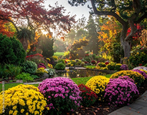 Scenic autumn garden with a pond, colorful blooms, and sunlit trees
