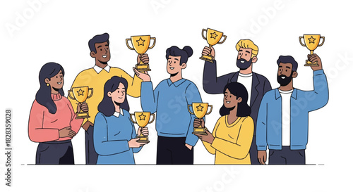 Team of Winners Celebrating Success Holding Trophies in a Group for Achievement