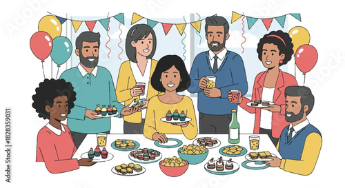 A Diverse Group of People Celebrating Together at a Party with Delicious Treats and Drinks