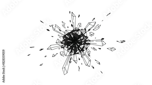 Abstract burst of sharp crystal shards exploding outwards with dark center