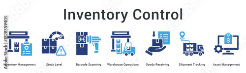 Inventory control banner web icon manages stock levels through barcode scanning in warehouse operations efficiently.