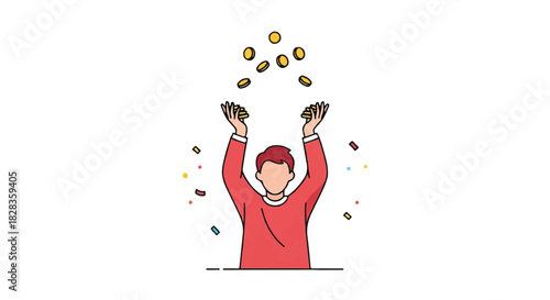 Person Celebrating with Falling Coins Financial Success and Achievement Concept