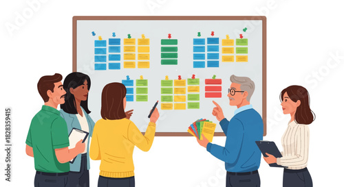 Team reviewing planning board, discussing strategy, project management and workflow