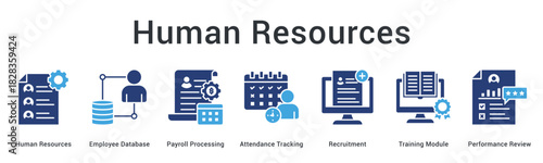 Human resources banner web icon manages employee database payroll attendance recruitment training and performance reviews.