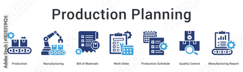 Production planning banner web icon organizes manufacturing bill of materials work orders and quality control processes.