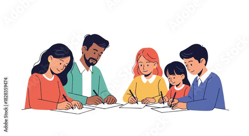 Family's Collaborative Efforts Unity in Writing and Learning, Focused on Shared Goals