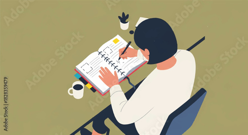 Woman Writing in a Notebook at a Desk with a Coffee Mug, Top View