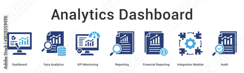 Analytics dashboard banner web icon displays data analytics KPI monitoring reporting and integration audit capabilities.