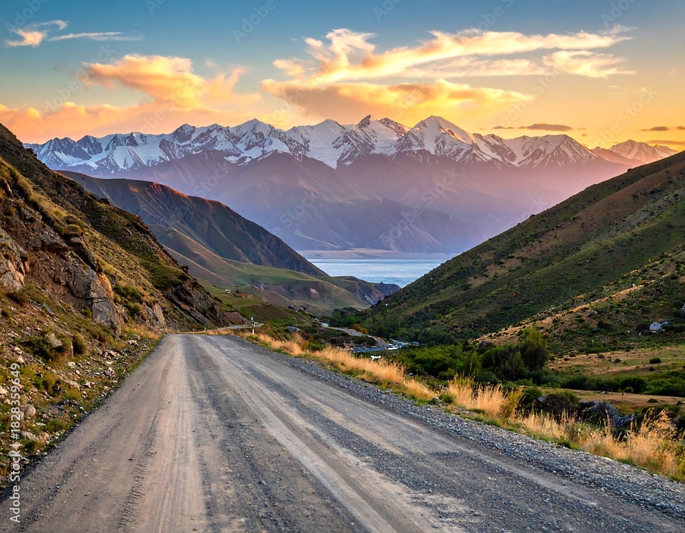 Naklejka premium Scenic vista of a dirt road winding through a valley, framed by mountains at sunset