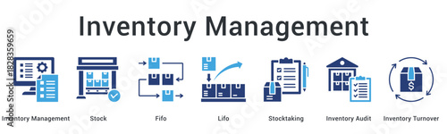 Inventory management banner web icon showing stock control methods including FIFO, LIFO, and audit processes.