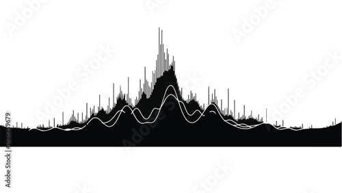 Abstract sound wave visualization with dynamic peaks and smooth lines against a white background.