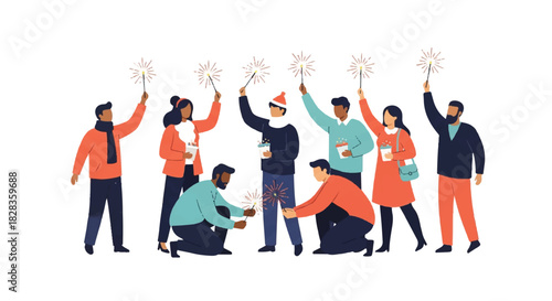 Joyful diverse group of friends celebrating a festive occasion with sparkling sparklers, sharing happiness, unity, and a lively holiday spirit