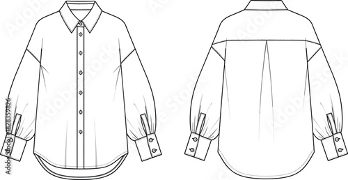 Women's oversized shirt technical drawing, front and back views, fashion flat sketch, casual wear, loose fit, stylish, modern, relaxed, vector, illustration, garment, blueprint, contemporary.