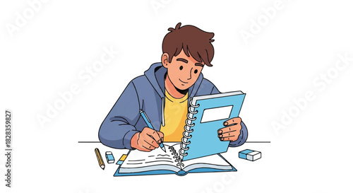 Young Boy Concentrating on His Studies, Writing in a Notebook at a Desk