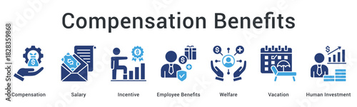 Compensation benefits banner web icon displaying salary and incentives with welfare programs and vacation investment planning.