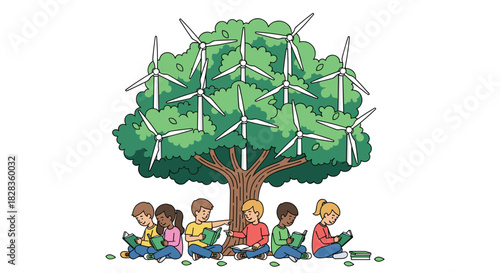Children learning under a tree with wind turbines instead of leaves, Generative AI.