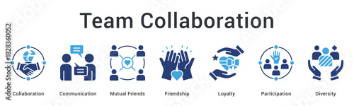 Team collaboration banner web icon demonstrating communication and friendship building with loyalty and diverse participation.