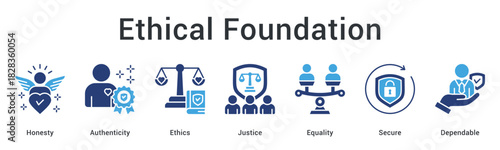 Ethical foundation banner web icon establishing honesty and authenticity with justice, equality, and secure dependable values.
