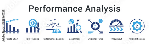 Performance Analysis banner web icon tracks KPIs against baseline benchmarks measuring efficiency ratios and throughput cycles.