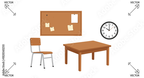 Classroom Furniture and Supplies with a Clock and Bulletin Board, Generative AI.