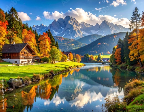 Scenic autumn landscape with a lake, mountains, and colorful trees