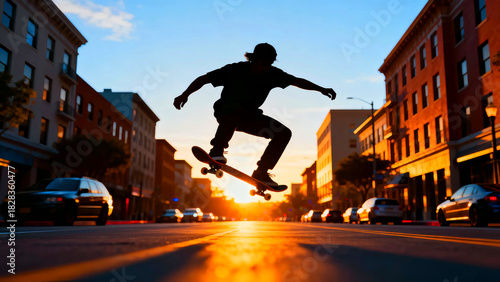 Silhouette of a skateboarder performing a trick in a city street at sunset with buildings and cars visible creating a dynamic urban scene filled with energy and freedom during the golden hour light