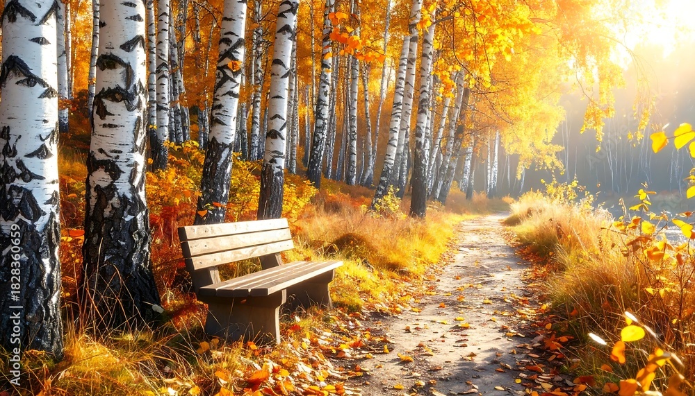 Obraz premium Scenic autumn path lined with birch trees and a park bench