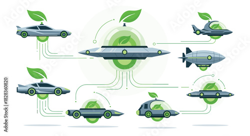 Ecofriendly futuristic vehicles powered by clean energy sources, Generative AI.