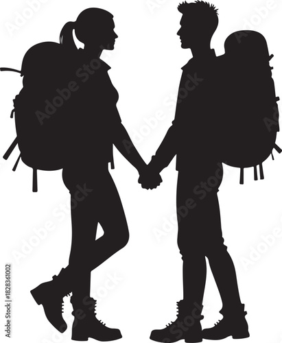 Black silhouette of a couple holding hands with backpacks
