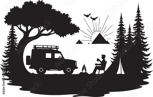 Black silhouette of off road vehicle and person camping at sunrise