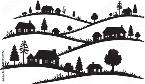 Black silhouette of rural village on rolling hills