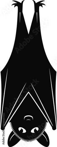 Cartoon bat hanging upside down silhouette, playful nocturnal animal vector, Halloween theme art, cad drawing flat vector illustration