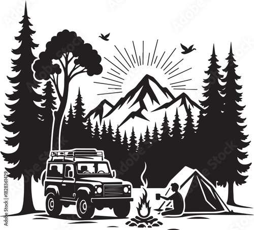 Black silhouette of off road vehicle camping by mountains