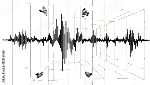 Abstract visualization of sound waves in a digital space, representing audio technology and data.